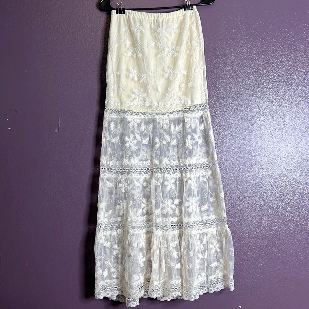 S Ivory/White Sheer Floral Embroidered Lace Maxi Skirt
